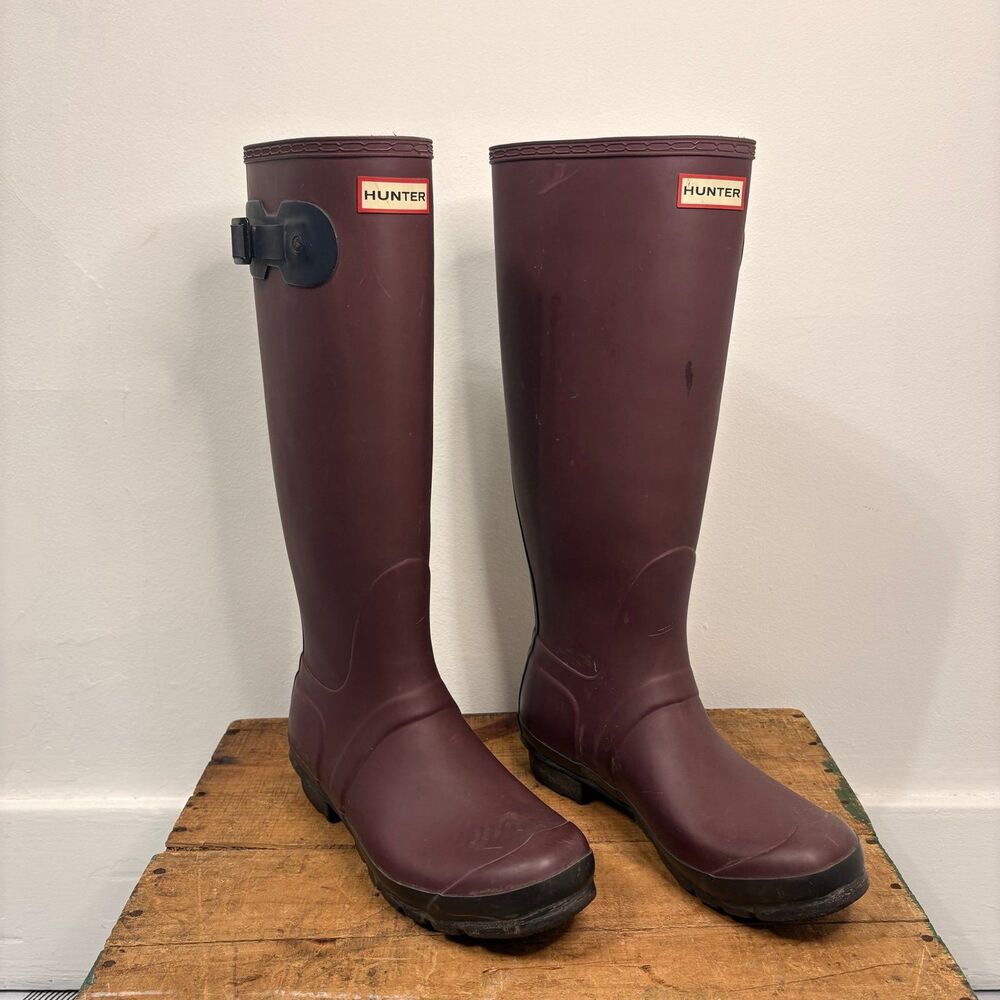Hunter Original Burgundy Two Toned Tall Rubber Rain Boots Purple Sz 9